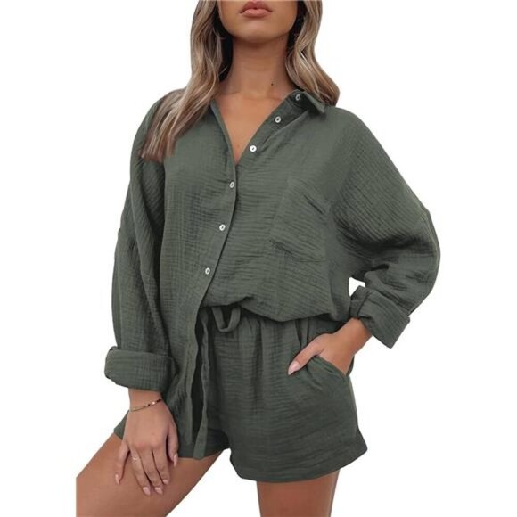 Women's Fall Lounge Set: Button Down Long Sleeve Top & Drawstring Shorts